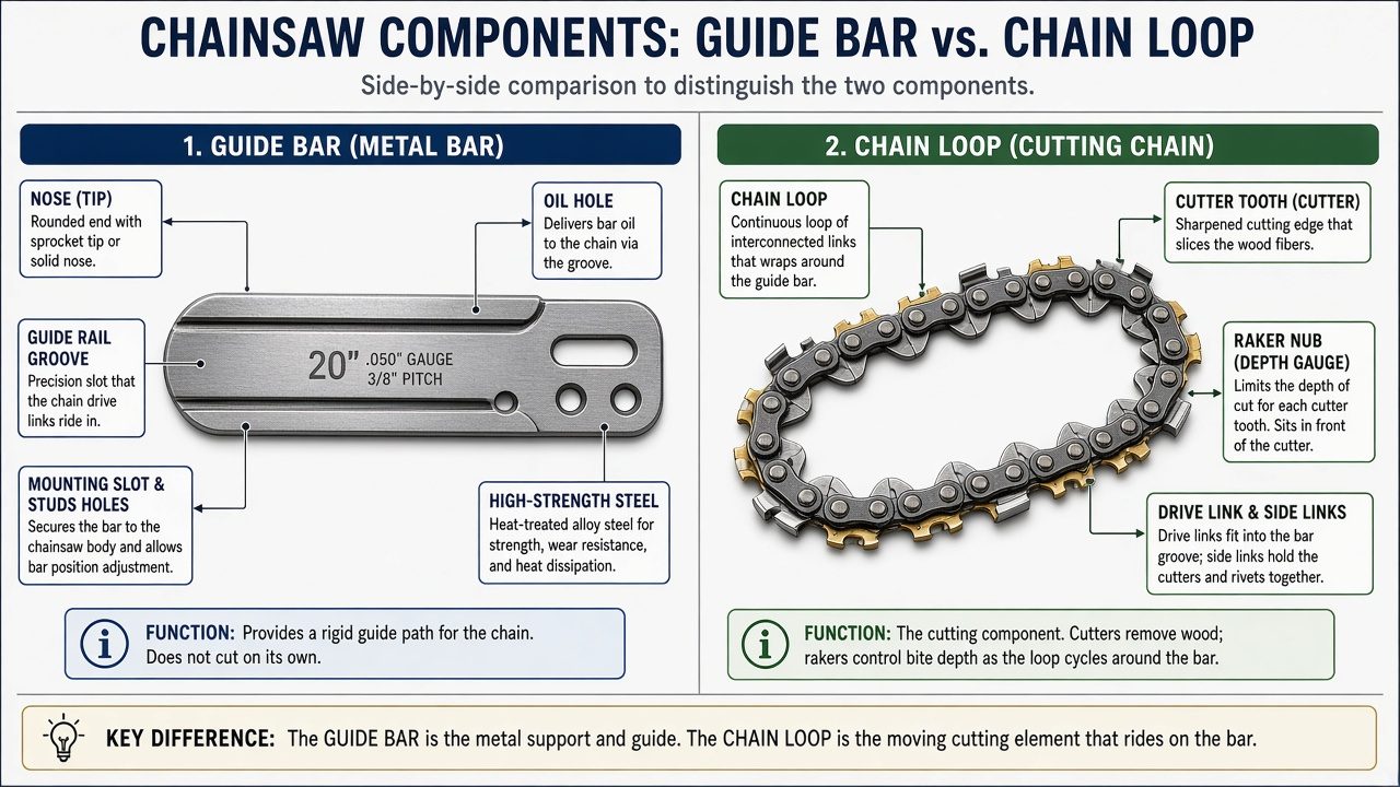 What Exactly Is the ‘Blade’ on a Chainsaw? Chainsaw guide bar and chain components shown side by side