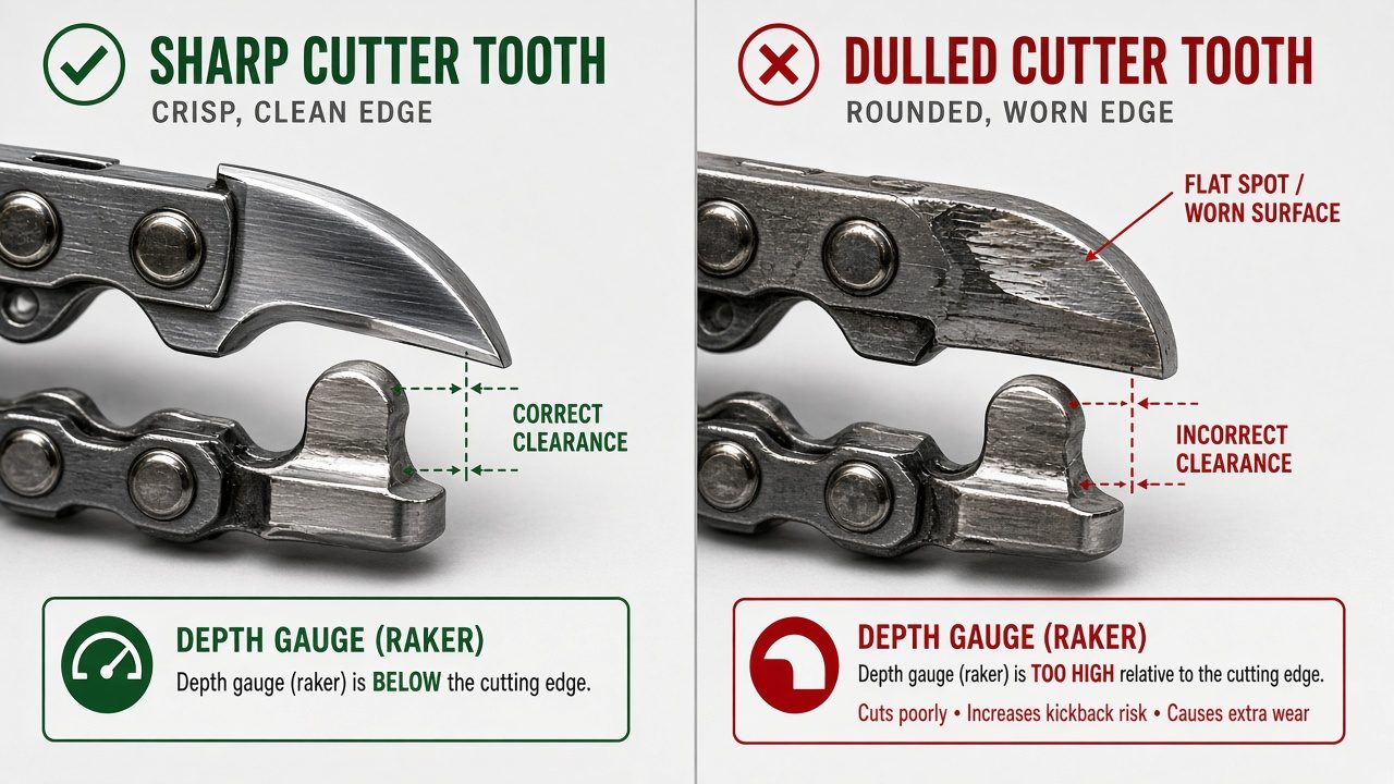 Why a Chainsaw Chain Dulls and How Sharpening Restores It Side-by-side comparison of sharp versus dull chainsaw cutter teeth and proper depth gauge positioning