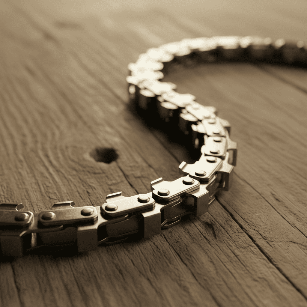 Macro view of a clean chainsaw chain showing cutter teeth, rakers, and gullets on a wooden workbench