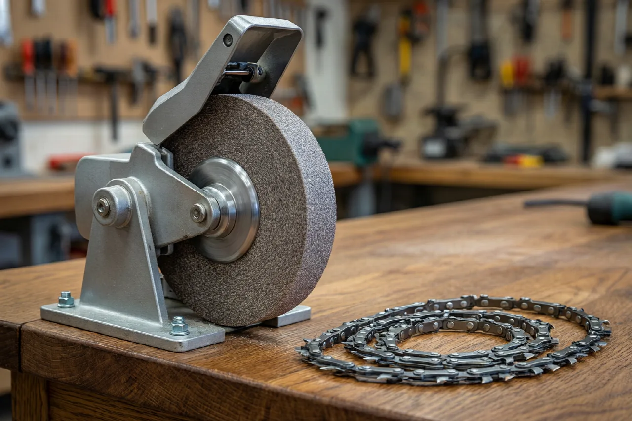 How to Sharpen Chainsaw with Electric Sharpener Electric chainsaw sharpener mounted on a workbench with a chain guide and grinding wheel visible.