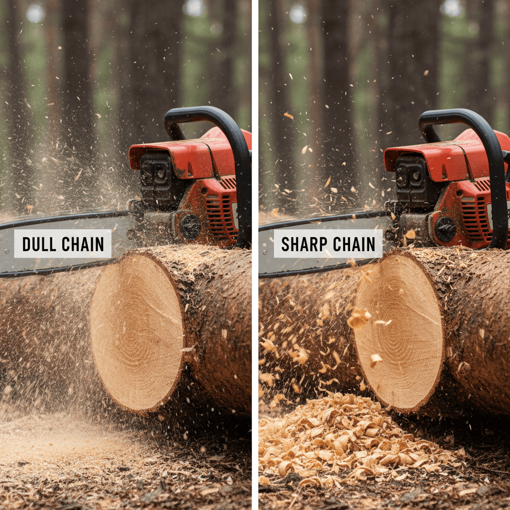 Comparison of sawdust produced by a dull chainsaw chain versus wood chips from a sharp chain.