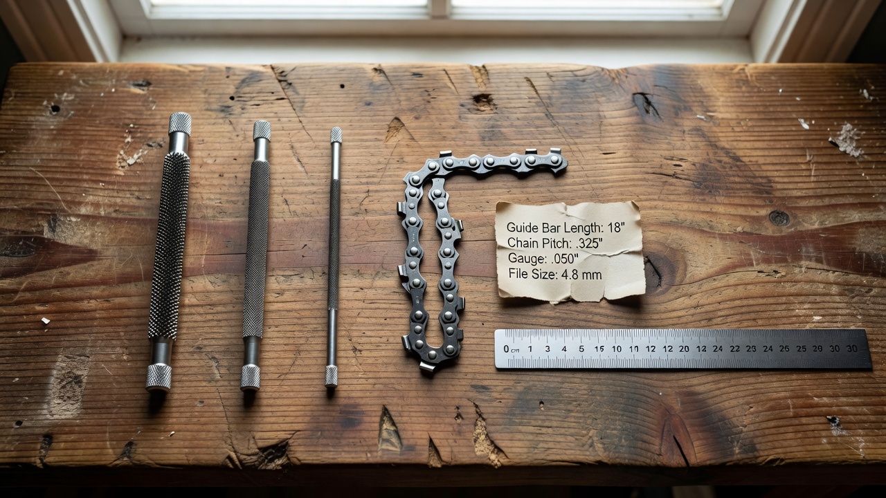 Three round chainsaw files of different diameters displayed beside a chainsaw chain and guide bar label for pitch identification