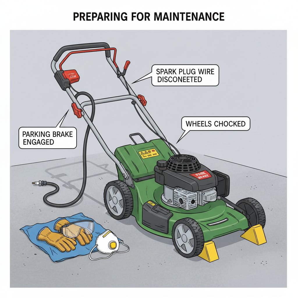 How Do You Sharpen Lawn Mower Blades? (Complete Step-by-Step Guide) Lawn mower secured safely with disconnected spark plug wire and safety equipment displayed