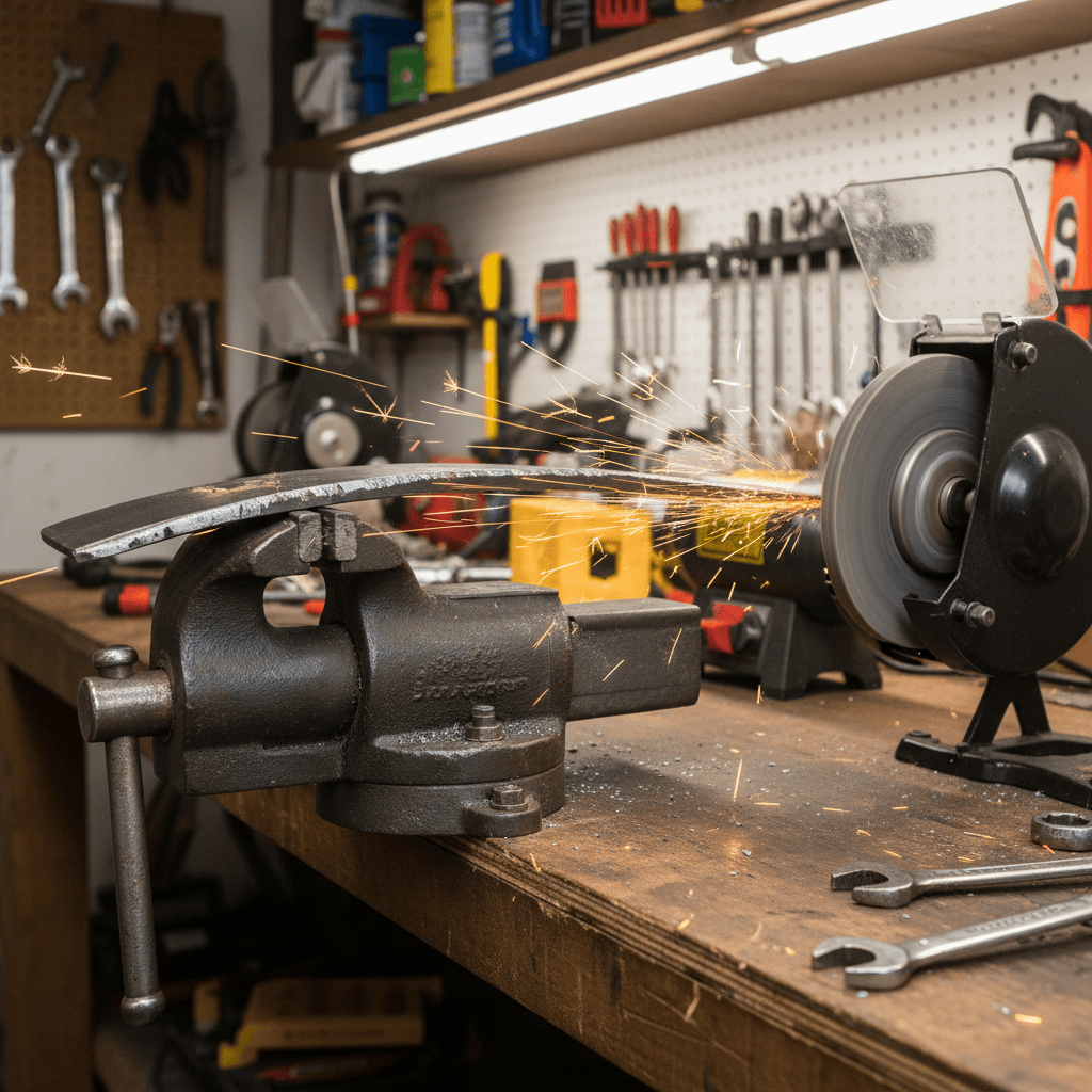 How Do You Sharpen a Lawn Mower Blade with a Bench Grinder? (Complete Step-by-Step Guide) Bench grinder grinding the bevel of a lawn mower blade in a vise.