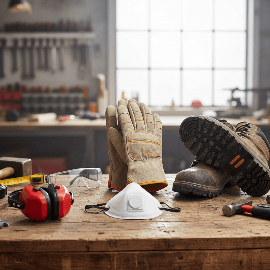Safety gear laid out for lawn mower blade sharpening including gloves, glasses, boots, and protective equipment