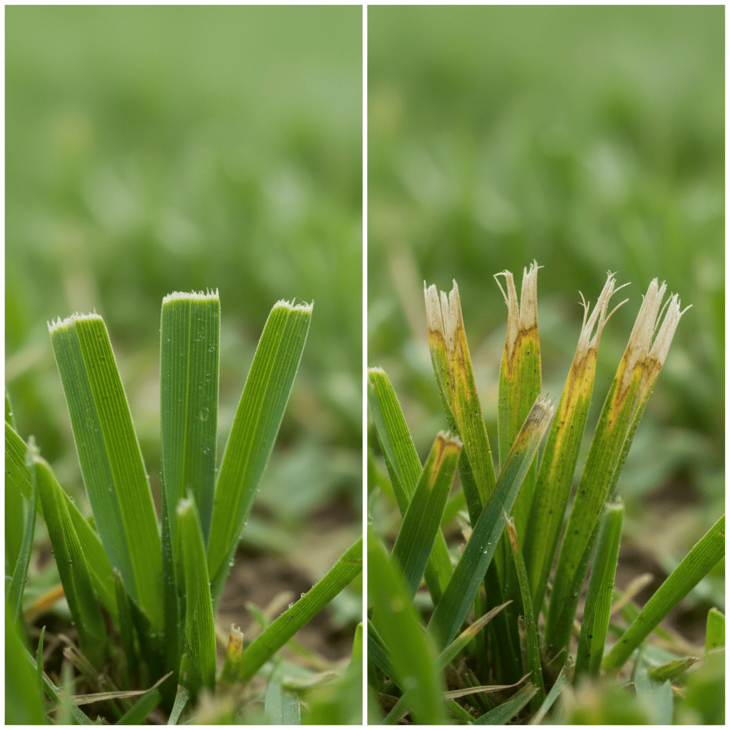 Comparison of cleanly cut grass versus torn grass from dull blades