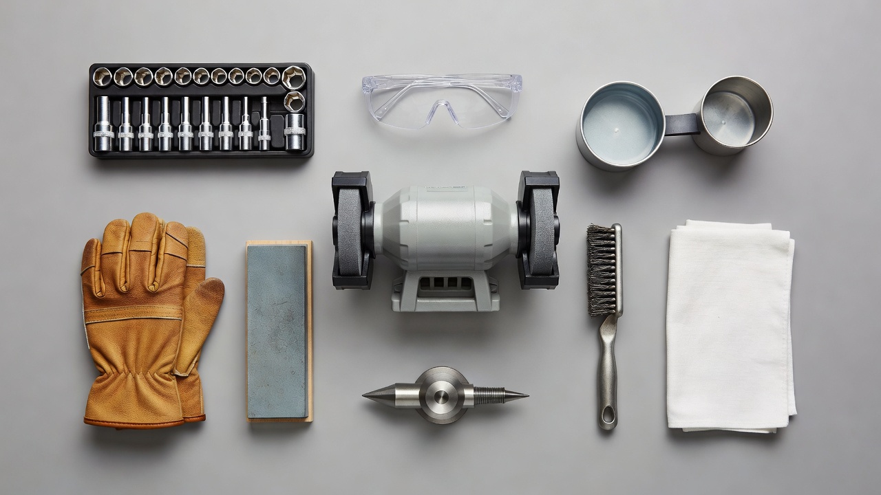 Flat lay of bench grinder sharpening tools and safety gear arranged on a workbench.
