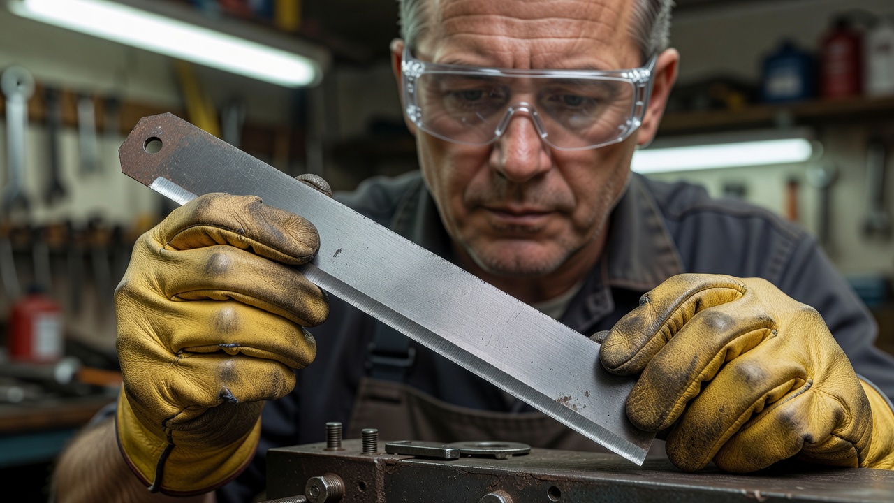 How to Sharpen Lawn Mower Blades with a Bench Grinder: Step-by-Step Guide Person inspecting lawn mower blade bevel angle while wearing safety glasses and gloves