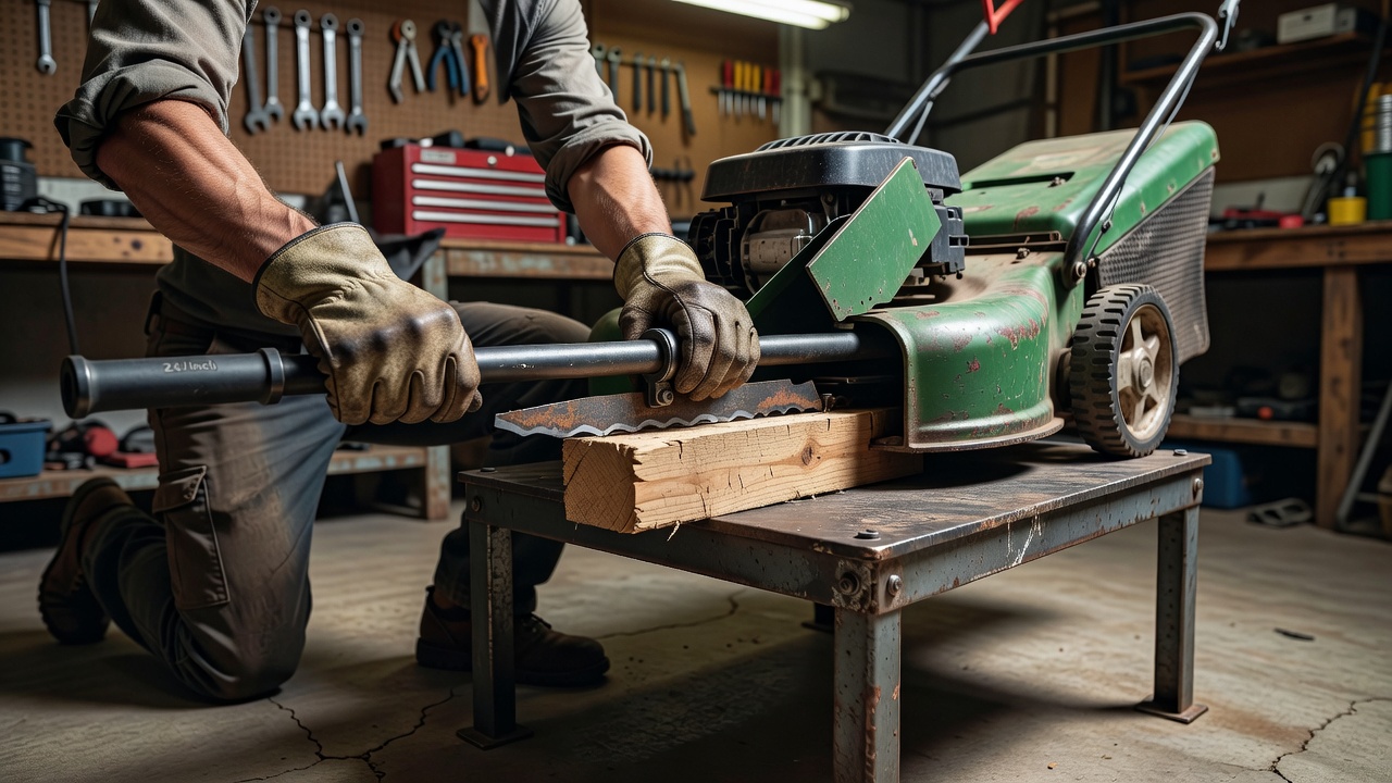Person removing lawn mower blade with wood wedge and breaker bar.