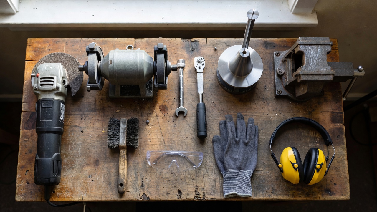 Flat-lay of lawn mower sharpening tools and safety gear on a workbench