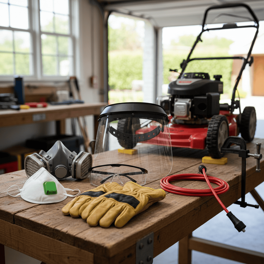 Personal protective equipment and safety items laid out for lawn mower blade sharpening