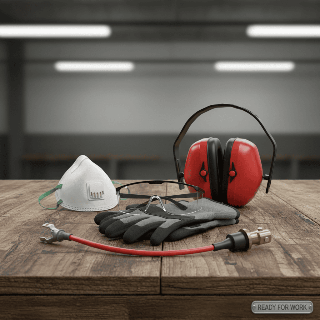 Personal protective equipment and safety gear laid out on a workbench