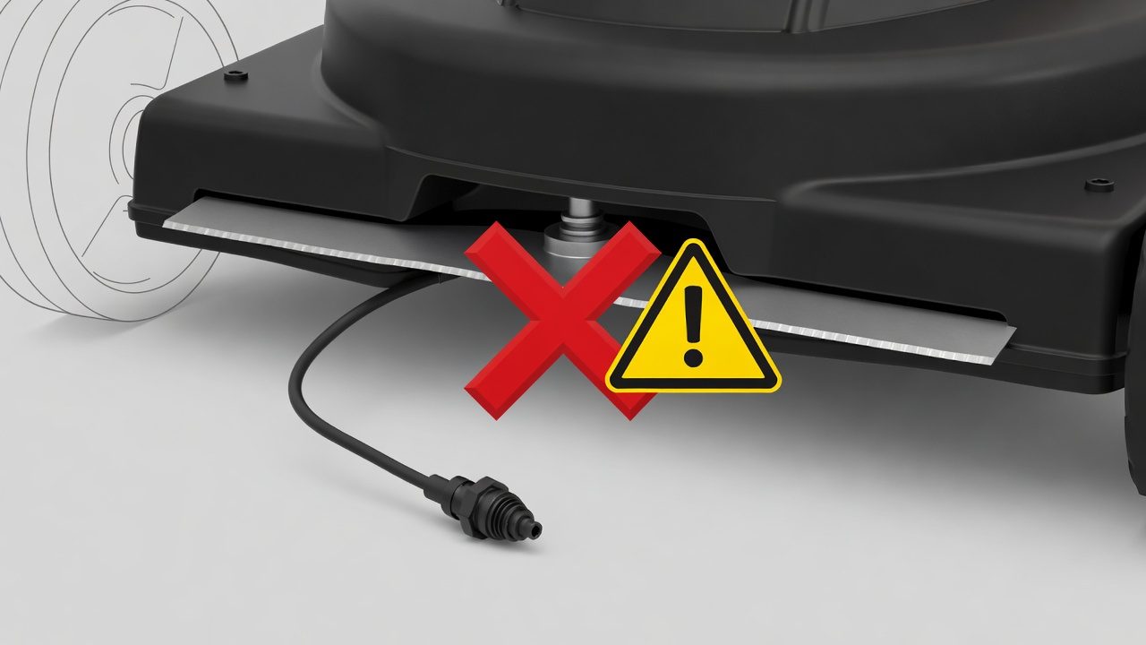 Lawn mower with disconnected spark plug and warning symbol on blade