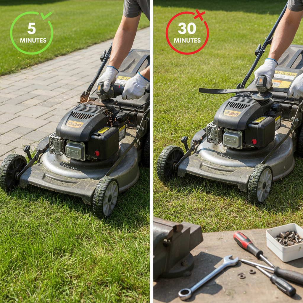 Side-by-side comparison of in-place blade sharpening versus removed blade sharpening process