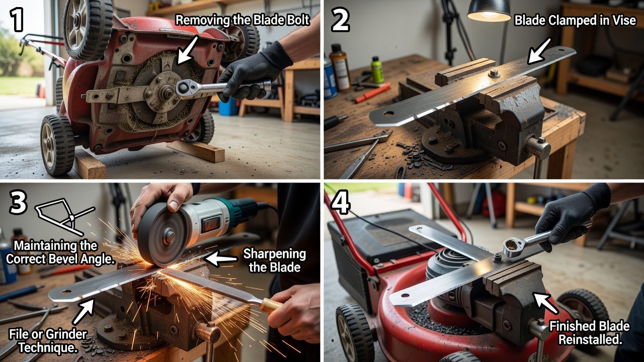 How Do You Sharpen a Lawnmower Blade? Four-step process of removing, securing, sharpening, and reinstalling a lawnmower blade