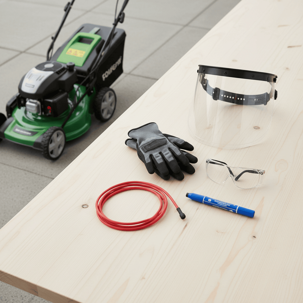 Safety equipment and precautions laid out on a workbench before mower blade maintenance