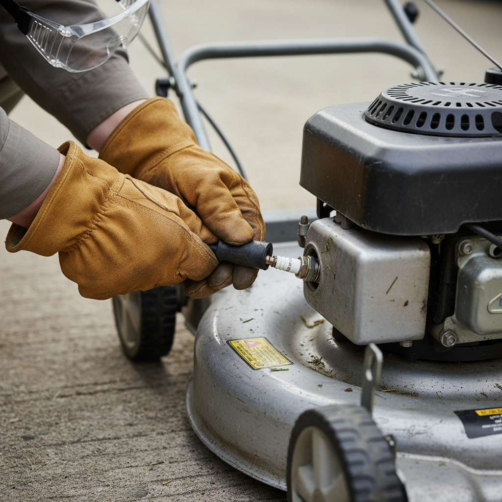 Person wearing gloves and safety glasses disconnecting a spark plug wire from a lawn mower engine