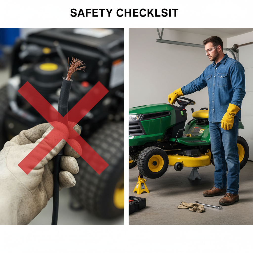 Safety equipment and spark plug disconnection for mower blade maintenance