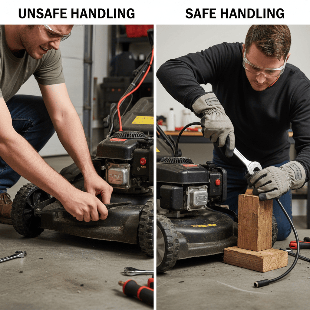 Safety comparison for mower blade sharpening procedures