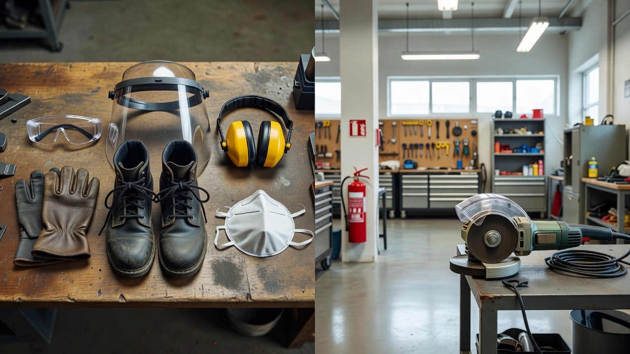Personal protective equipment and safe workshop setup for mower blade sharpening