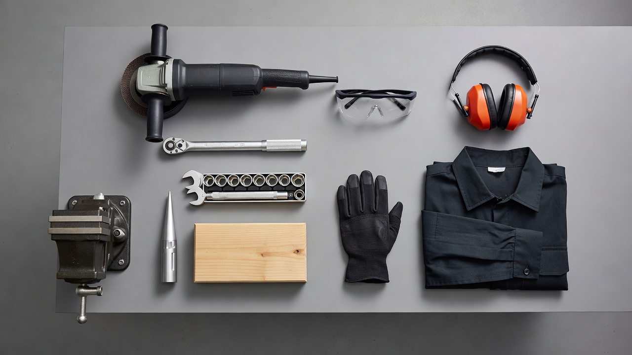 Flat lay of mower blade sharpening tools and safety equipment including angle grinder, vise, torque wrench, blade balancer, and PPE.