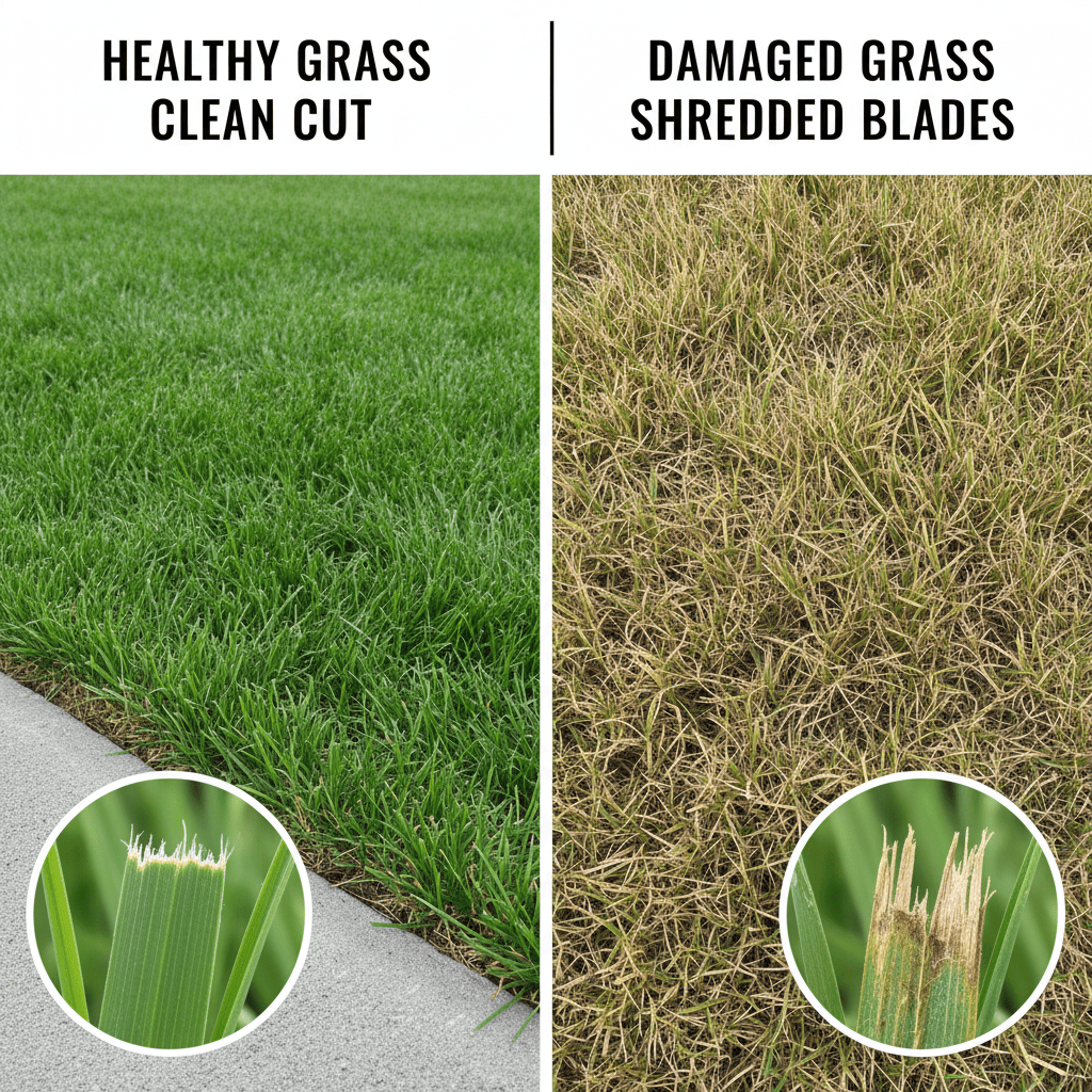 How Do You Sharpen Mulching Blades? (Complete Step-by-Step Guide) Comparison of grass cut by sharp blade versus dull blade showing clean versus ragged edges