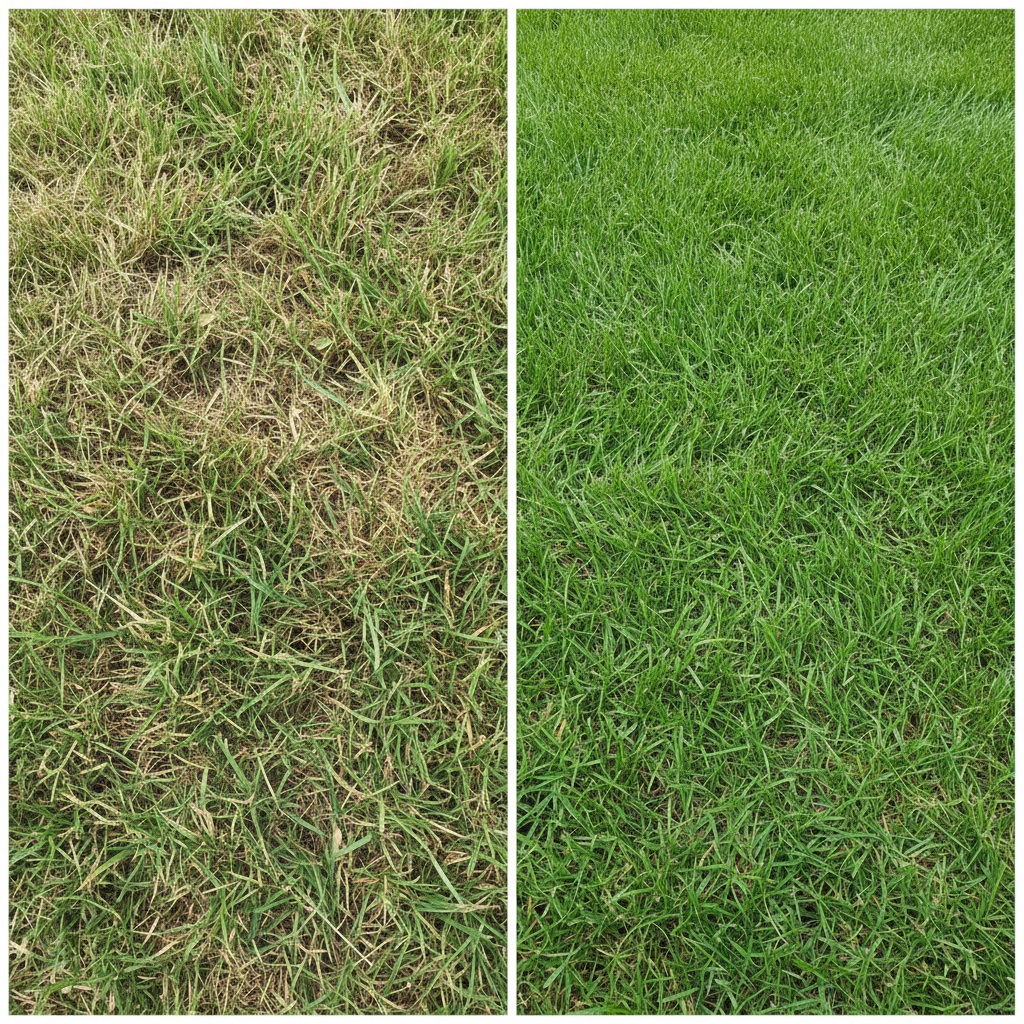 Comparison of torn grass from dull blades versus clean-cut grass from sharp blades