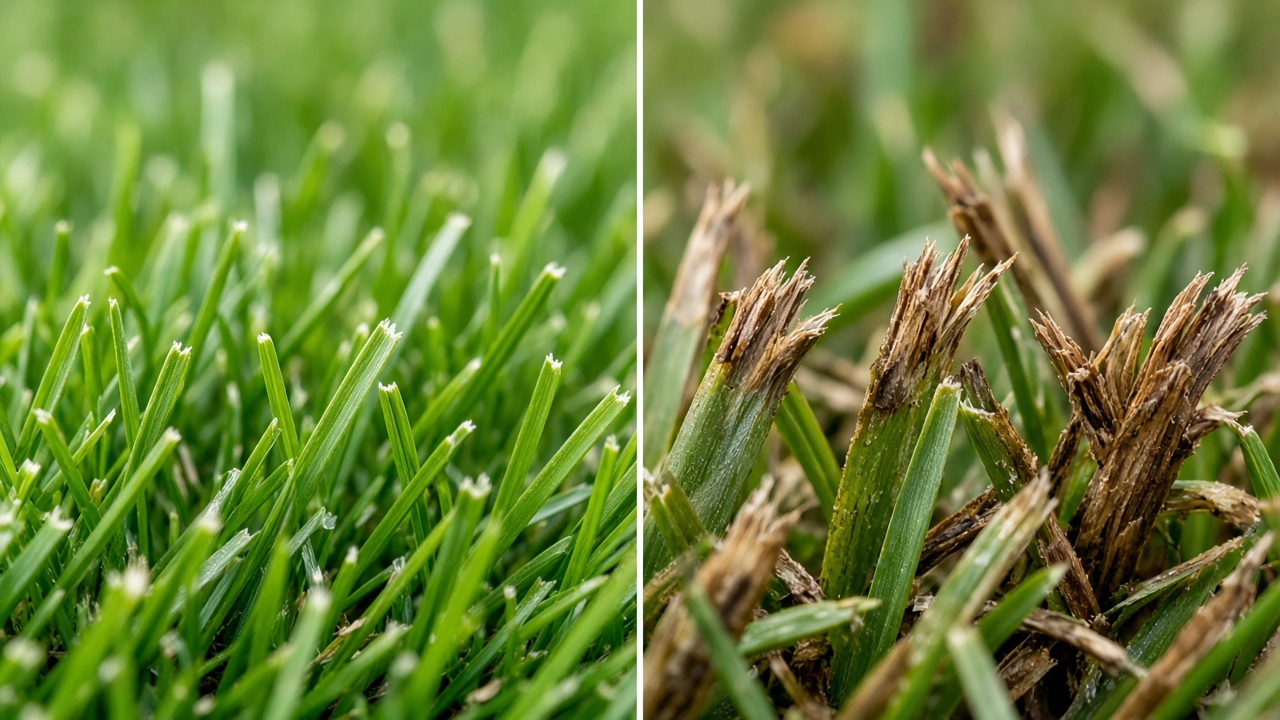 Why Sharpening Push Mower Blades Matters Comparison of clean-cut grass versus torn grass damaged by dull mower blades