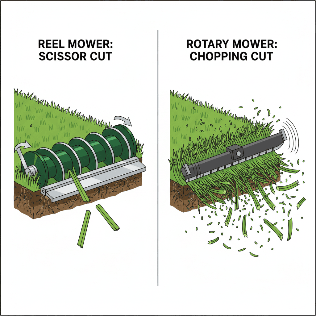 Comparison of reel mower scissor-cut action versus rotary mower chopping action