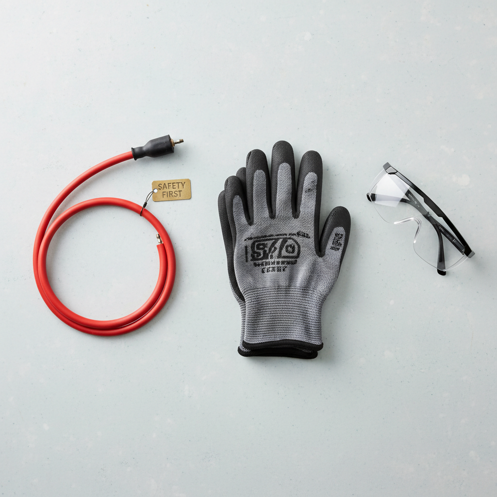 Safety gear including gloves, glasses, and a disconnected spark plug wire laid out on a workbench.