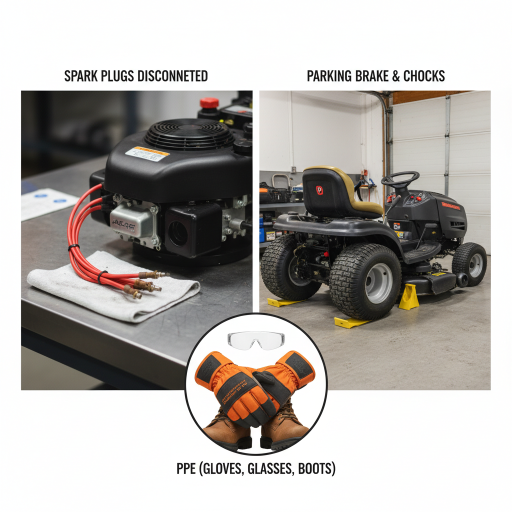 Safety precautions for mower blade maintenance including spark plug disconnection and proper positioning