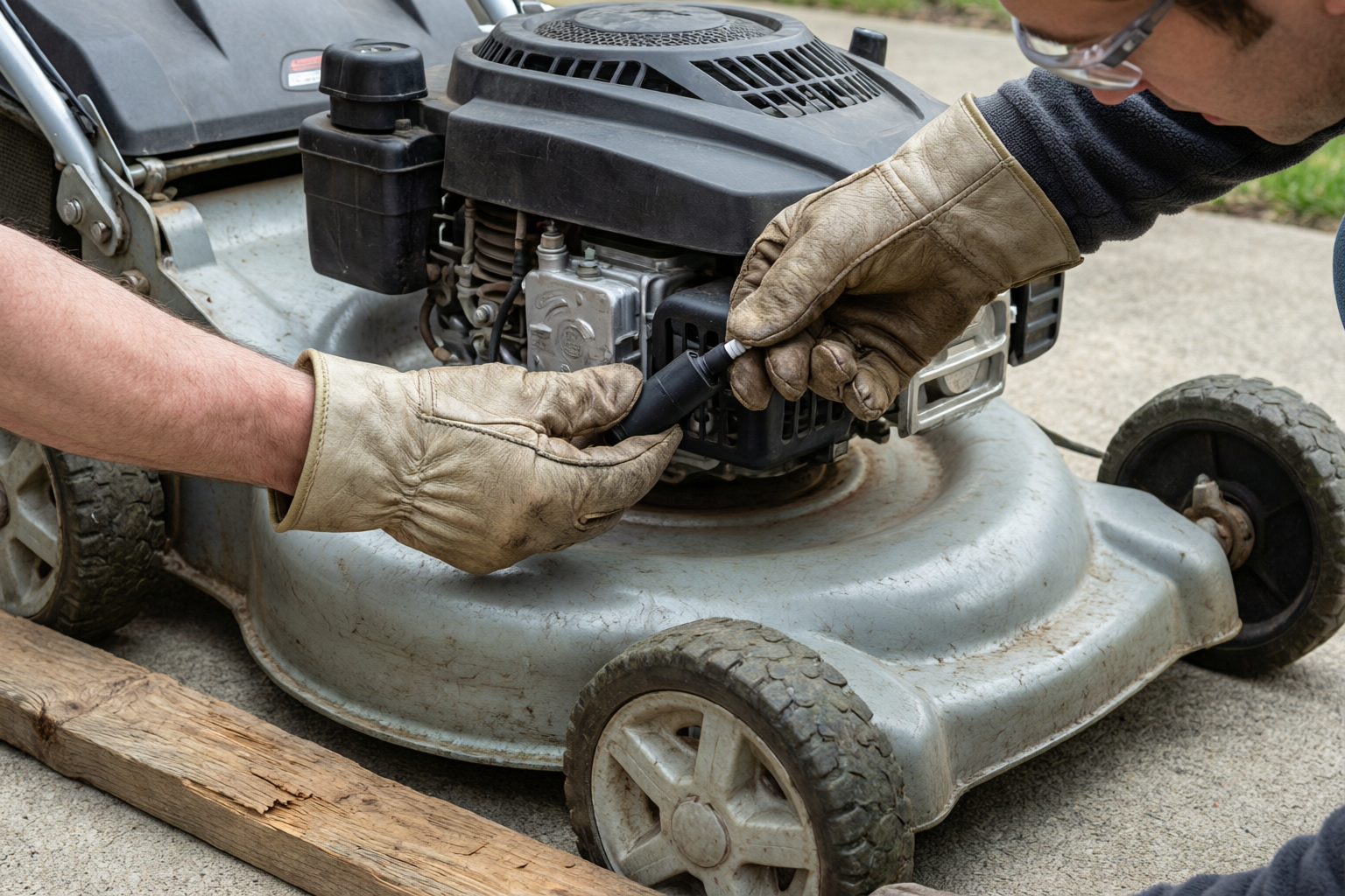 A gloved hand disconnecting the spark-plug wire on a parked walk-behind mower.