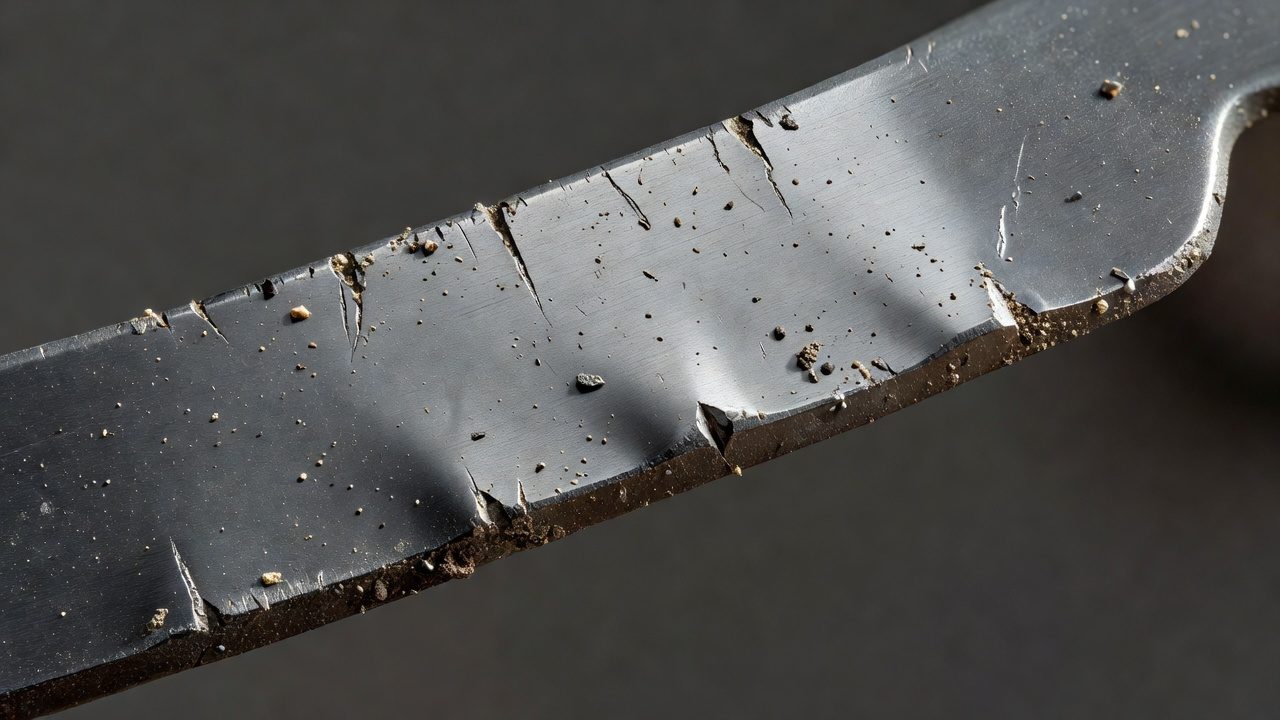 Close-up macro view of a dull rotary mower blade edge showing nicks and a rounded bevel caused by debris contact