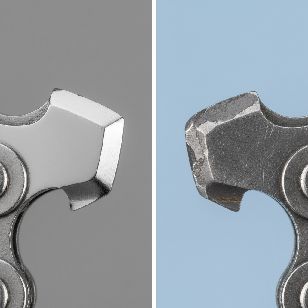 Understanding When to Sharpen vs. Replace Your Chainsaw Chain Comparison of a sharp chainsaw cutter tooth versus a worn, rounded one.