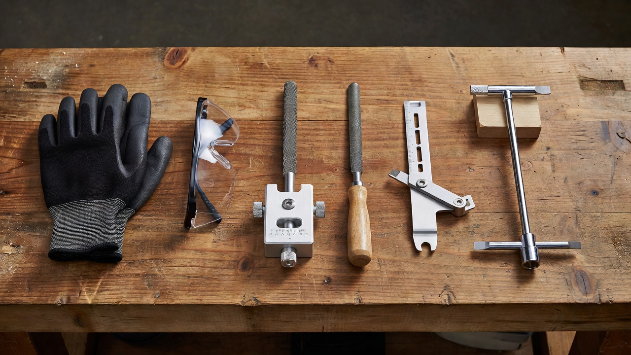 Laid out chainsaw sharpening tools including files, guides, gloves, and safety glasses.