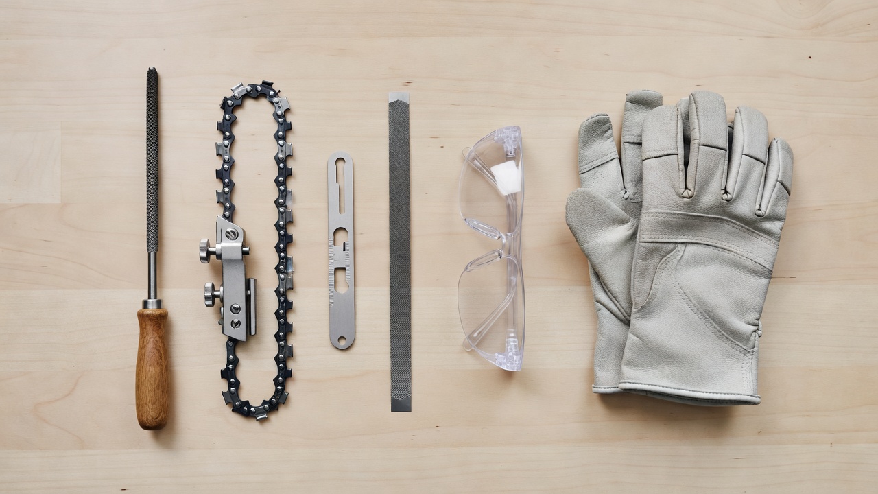 Essential tools for sharpening a chainsaw chain laid out on a workbench.