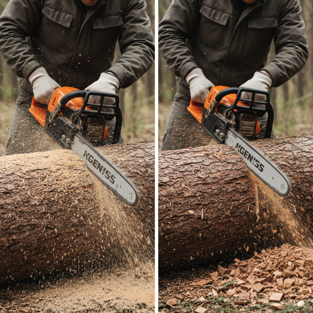 Why Does a Chainsaw Chain Get Dull — and How Do You Know It Needs Sharpening? Comparison of a dull chainsaw chain producing fine sawdust versus a sharp chain producing large wood chips.