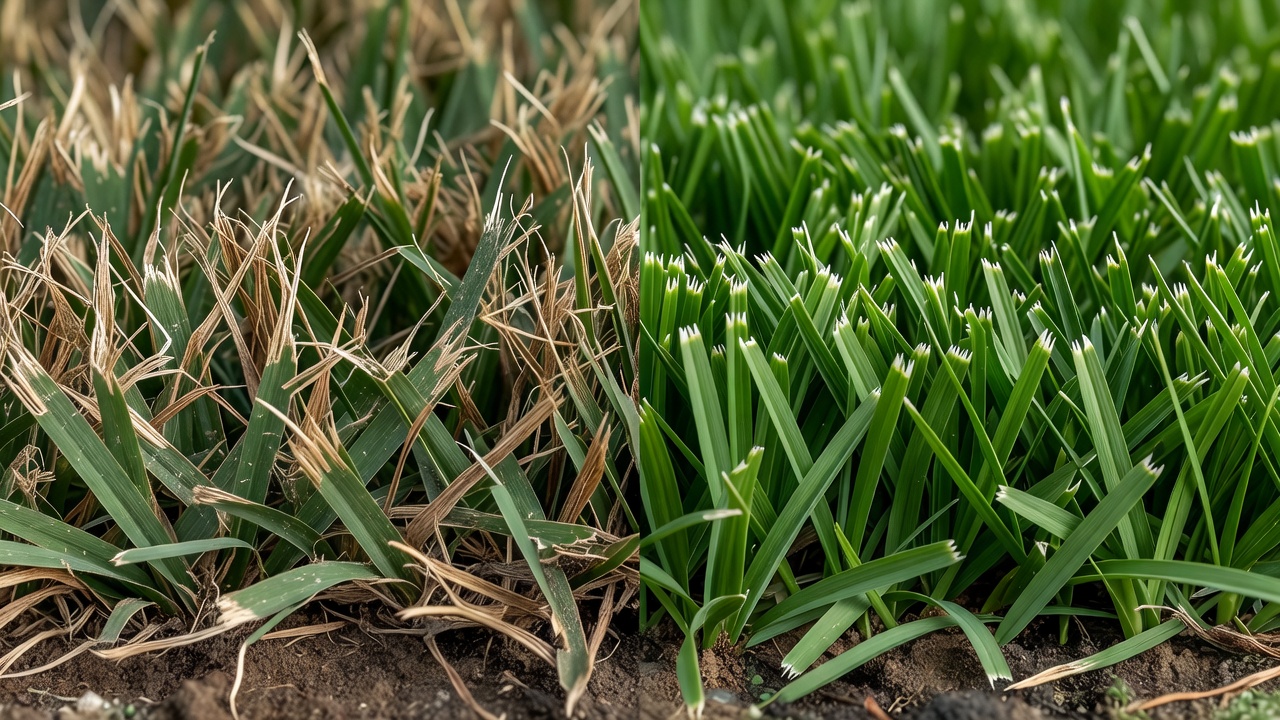Torn brown grass tips from a dull mower blade compared to clean green tips from a sharp blade