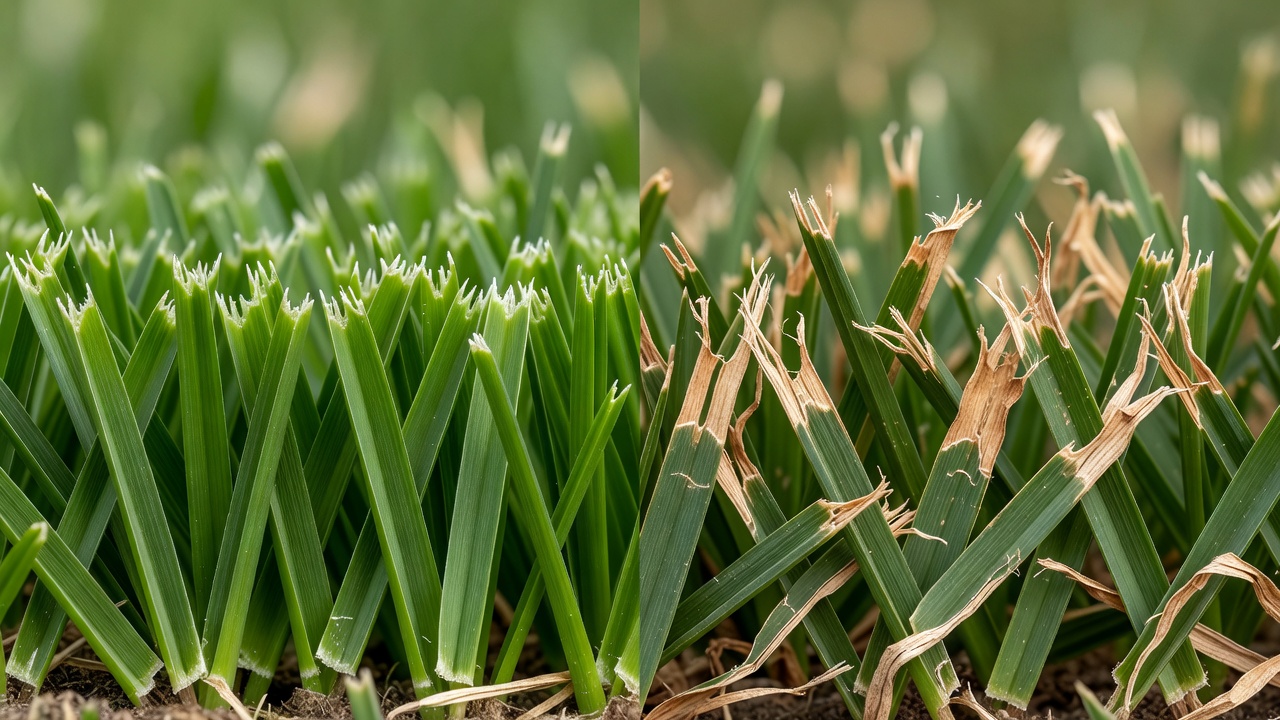 Side-by-side comparison of cleanly cut grass versus grass damaged by a dull blade, showing brown tearing.