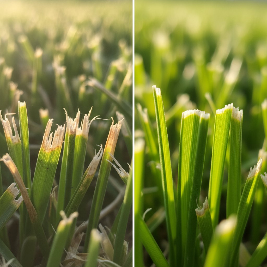 Comparison of torn grass from dull blades versus clean cuts from sharp blades
