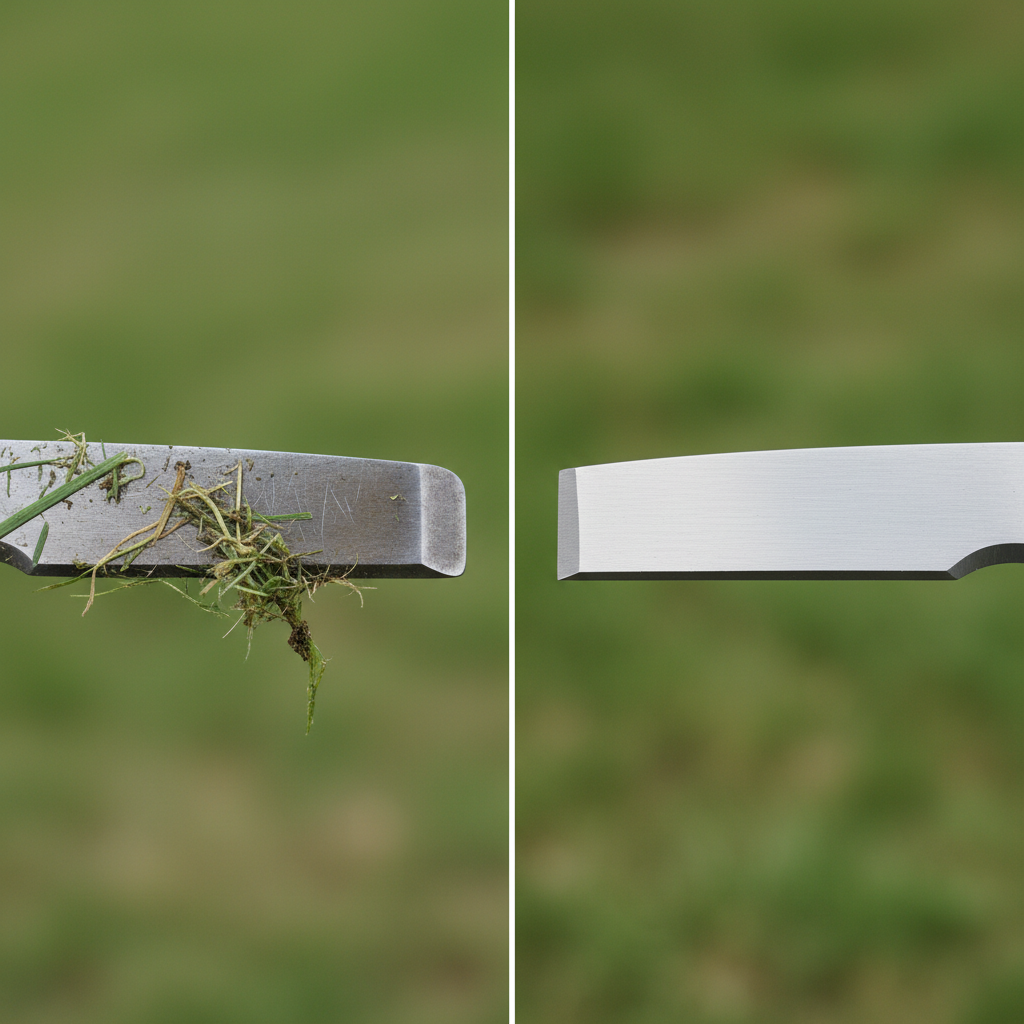 Comparison of a dull mower blade with torn grass versus a sharp blade with clean edges