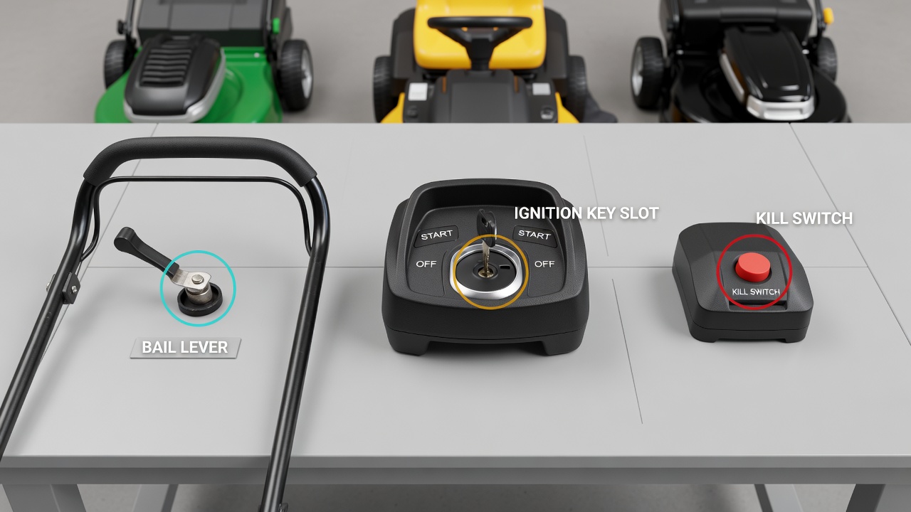 Three types of lawn mower shutdown controls arranged for comparison