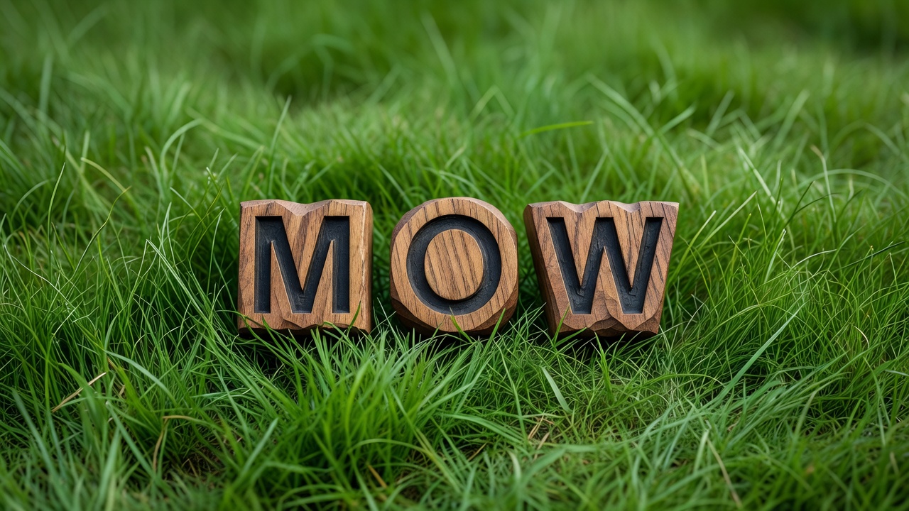 Wooden letter tiles spelling MOW arranged on a close-up of green lawn grass