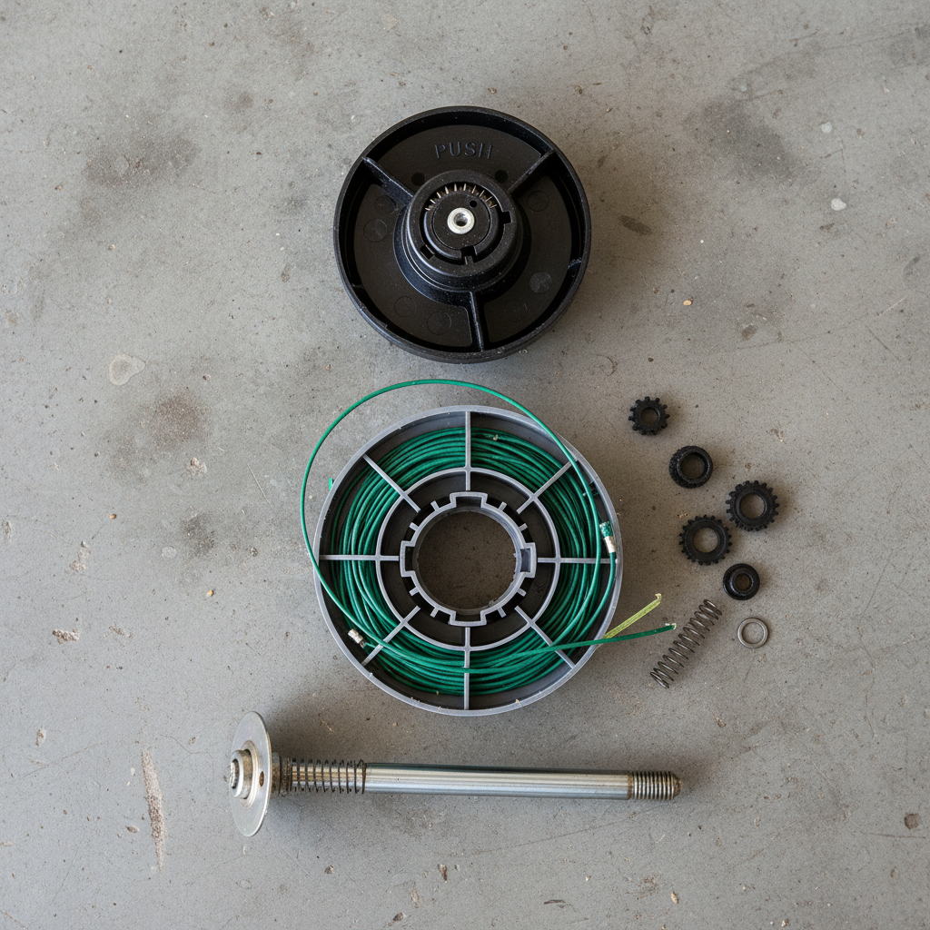 Disassembled parts of a bump-feed weed eater head showing the spool mechanism.