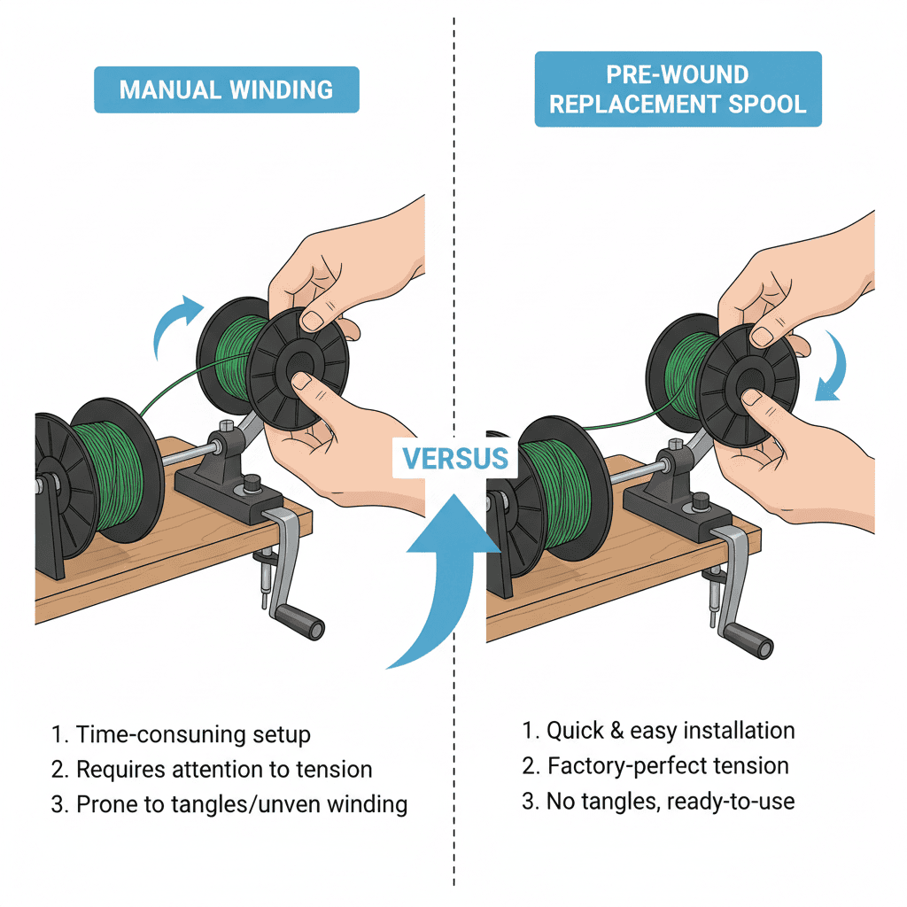 Diagram showing two methods of spooling a weed trimmer: manual winding and pre-wound spool installation.