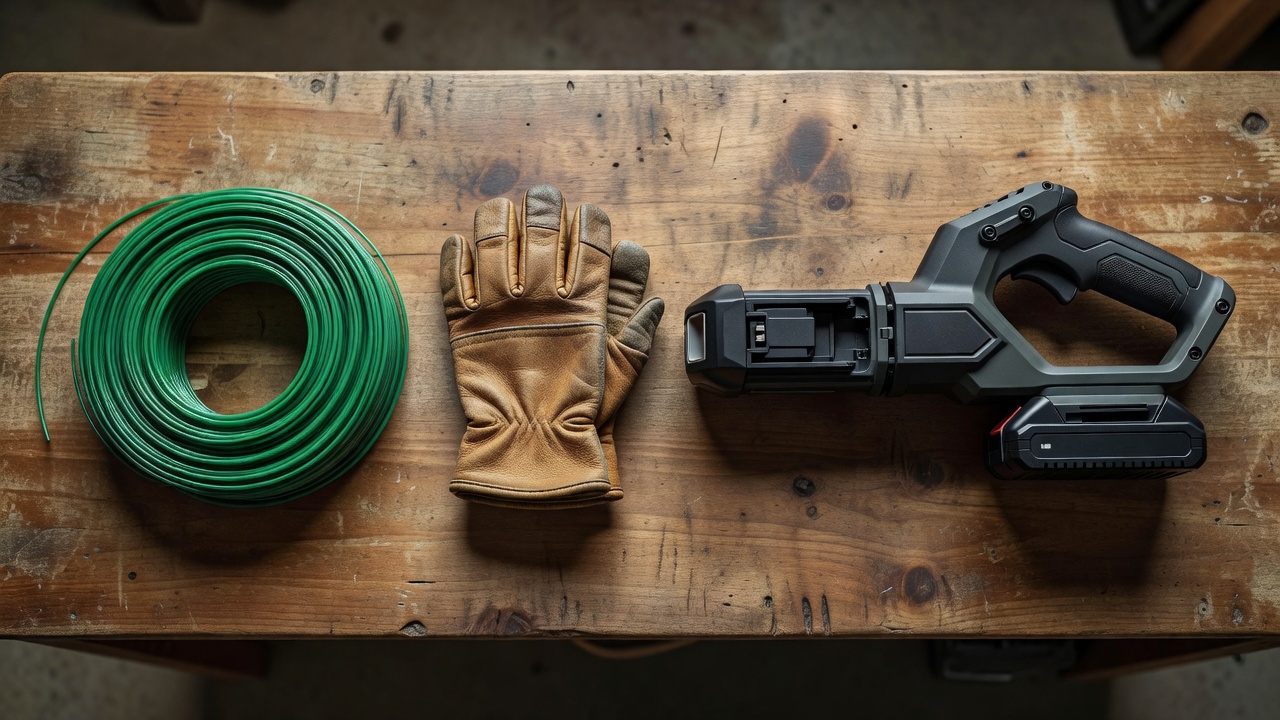 Trimmer line, work gloves, and a weed wacker with removed battery on a workbench.