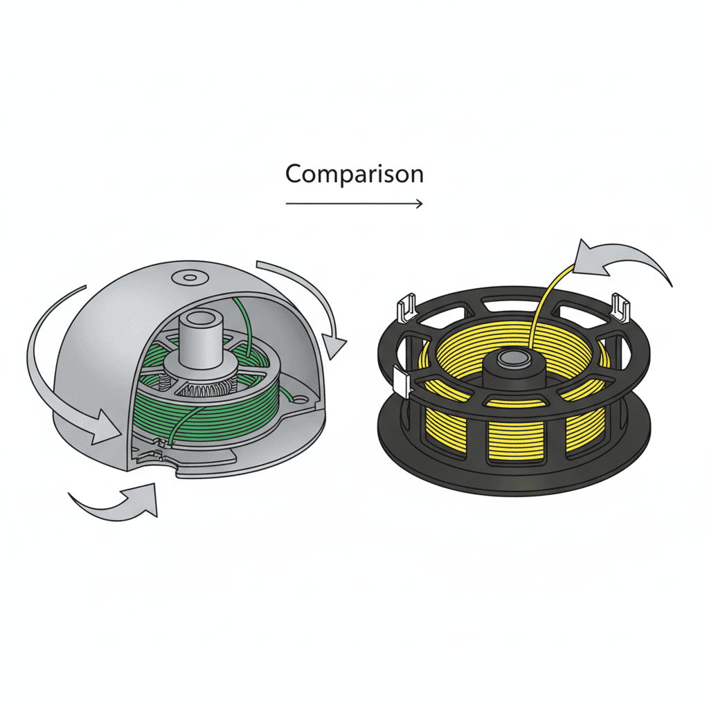Comparison of bump-feed and fixed-spool trimmer head designs