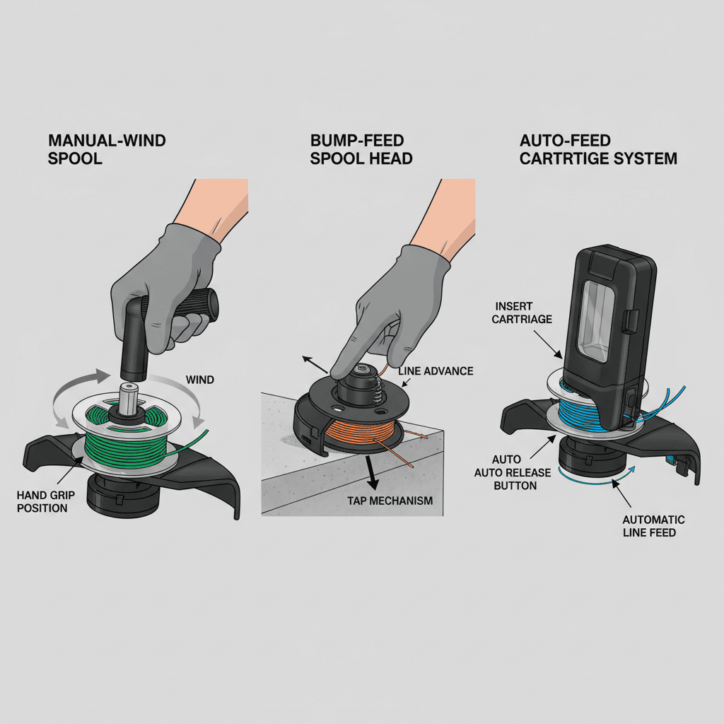 Three types of weed wacker spool systems: manual-wind, bump-feed, and auto-feed mechanisms