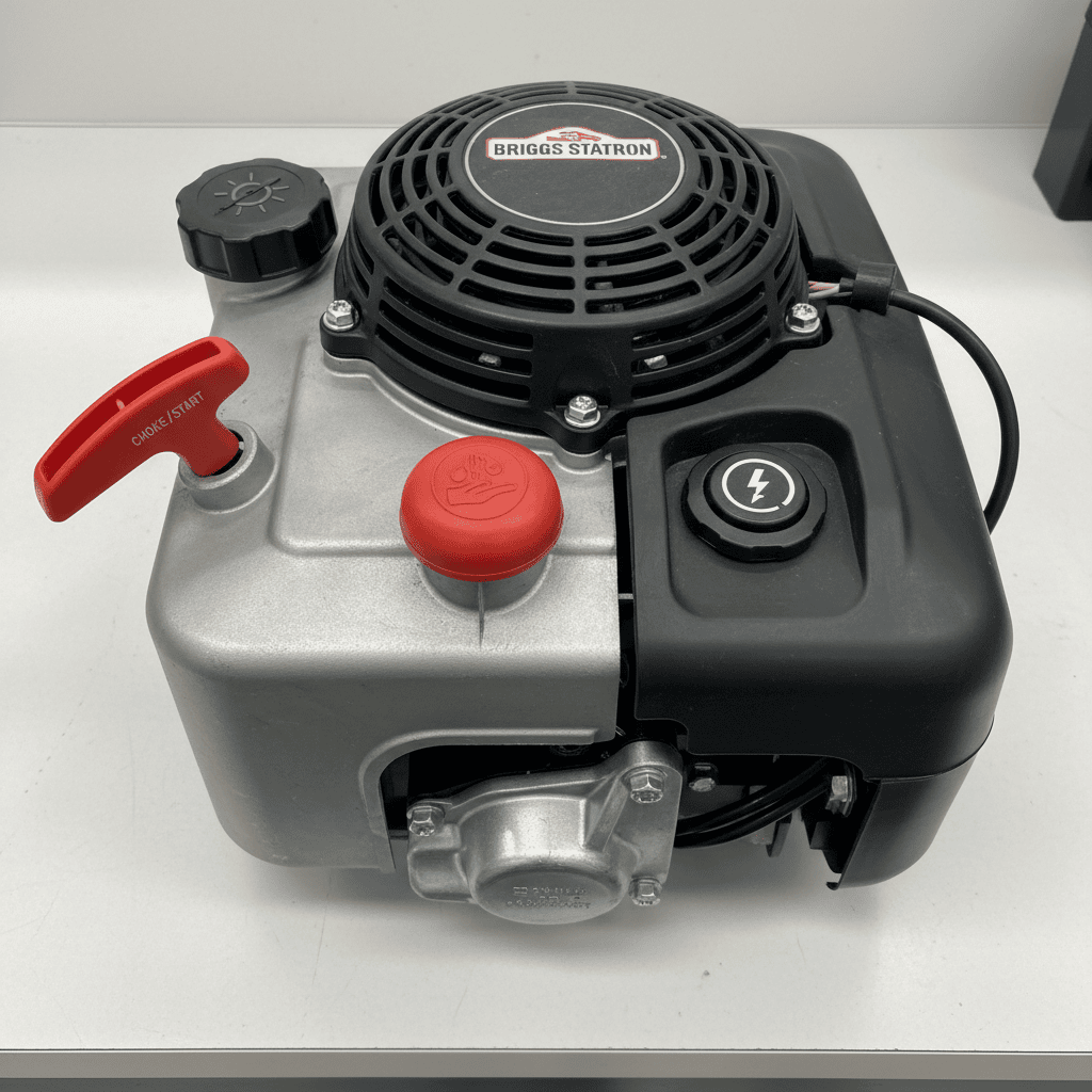 Detailed view of a Briggs & Stratton engine showing the choke lever, primer bulb, and electric start components.