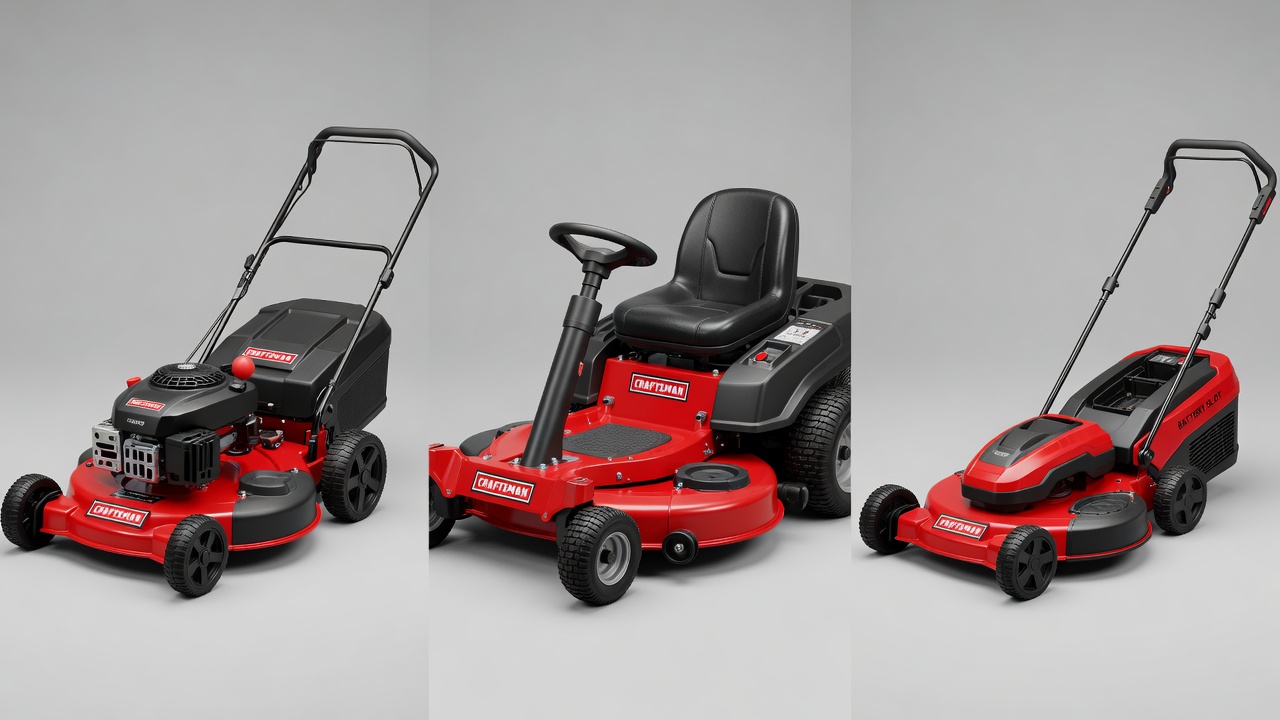 Three types of Craftsman mowers displayed for comparison